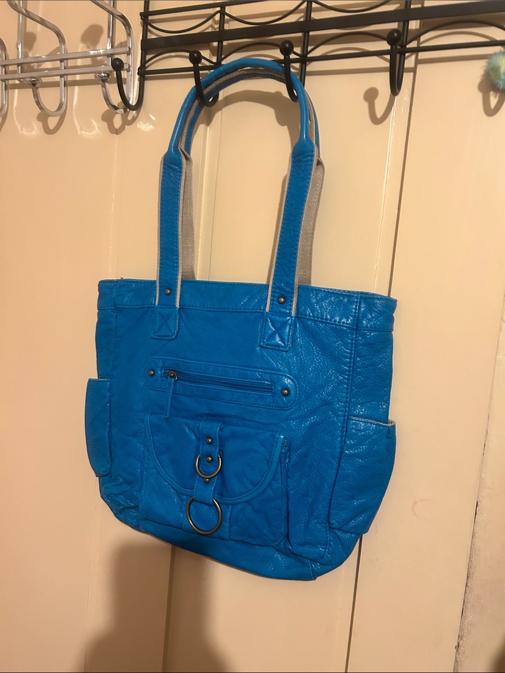 Blue Leatherette Tote Bag with Front Ring Detail - Women's Tote